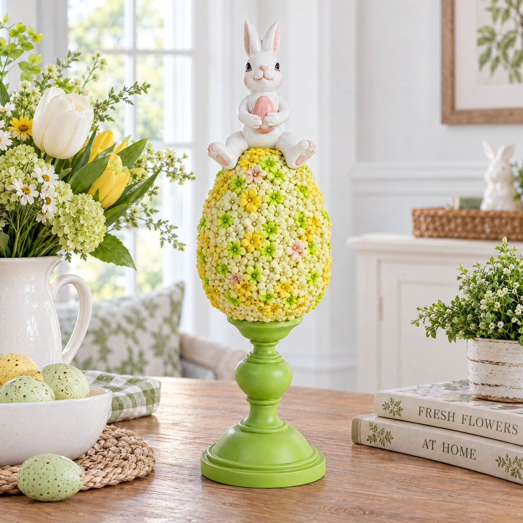 Spring Bunny Sitting on Textured Flower Easter Egg Display Stand 11.4 Inches Tall